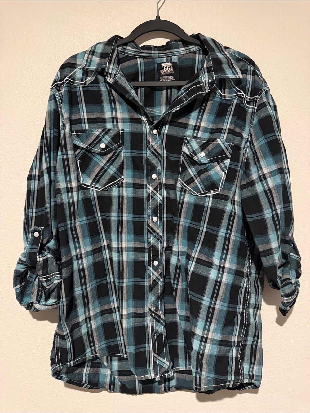 Route 66 Teal and Black Plaid Button-Down Shirt